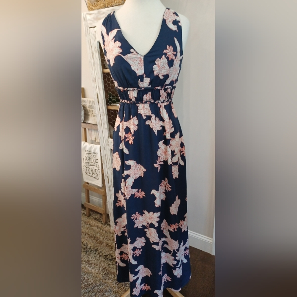Japna Sleeveless V Neck Navy and Pink Floral Maxi Dress Sz Med #0325